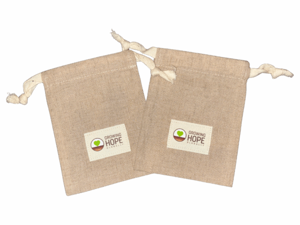 Small drawstring burlap bags with the Growing Hope Globally Logo