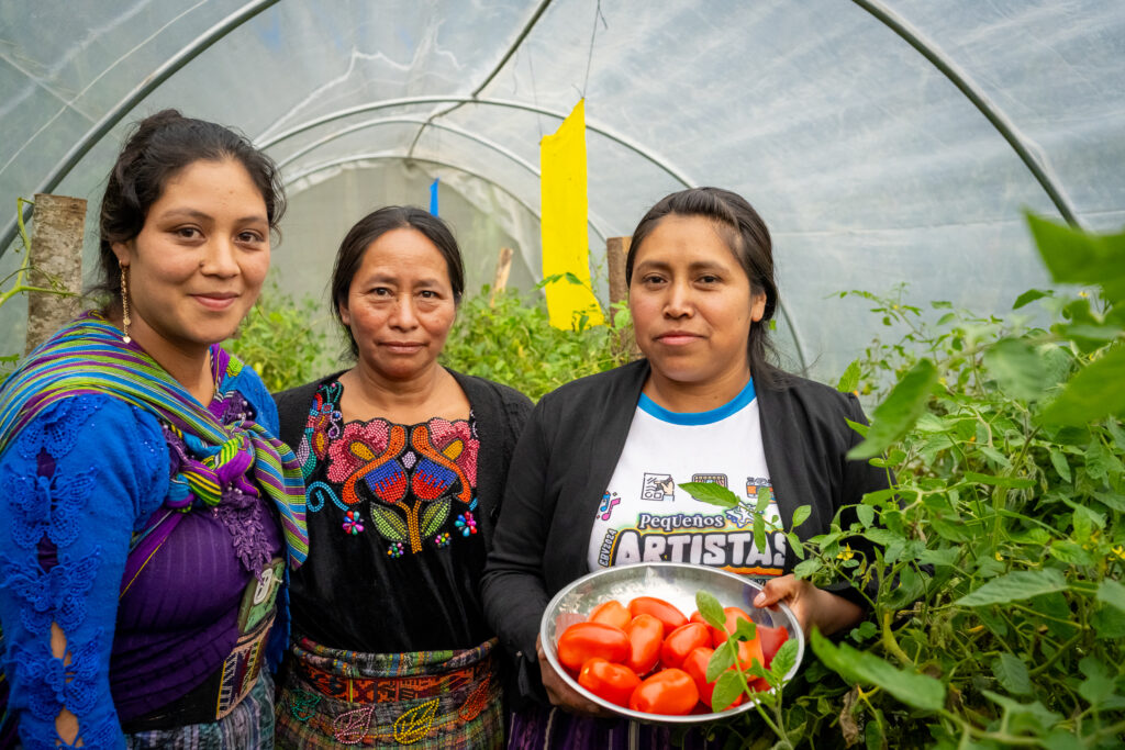 Three women stand in a greenhouse with a bowl of tomatoes in the Guatemala Western Highlands program